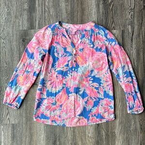 Lilly Pulitzer Top Pink and Blue Silk Elsa Top Blouse Size Extra Extra Small